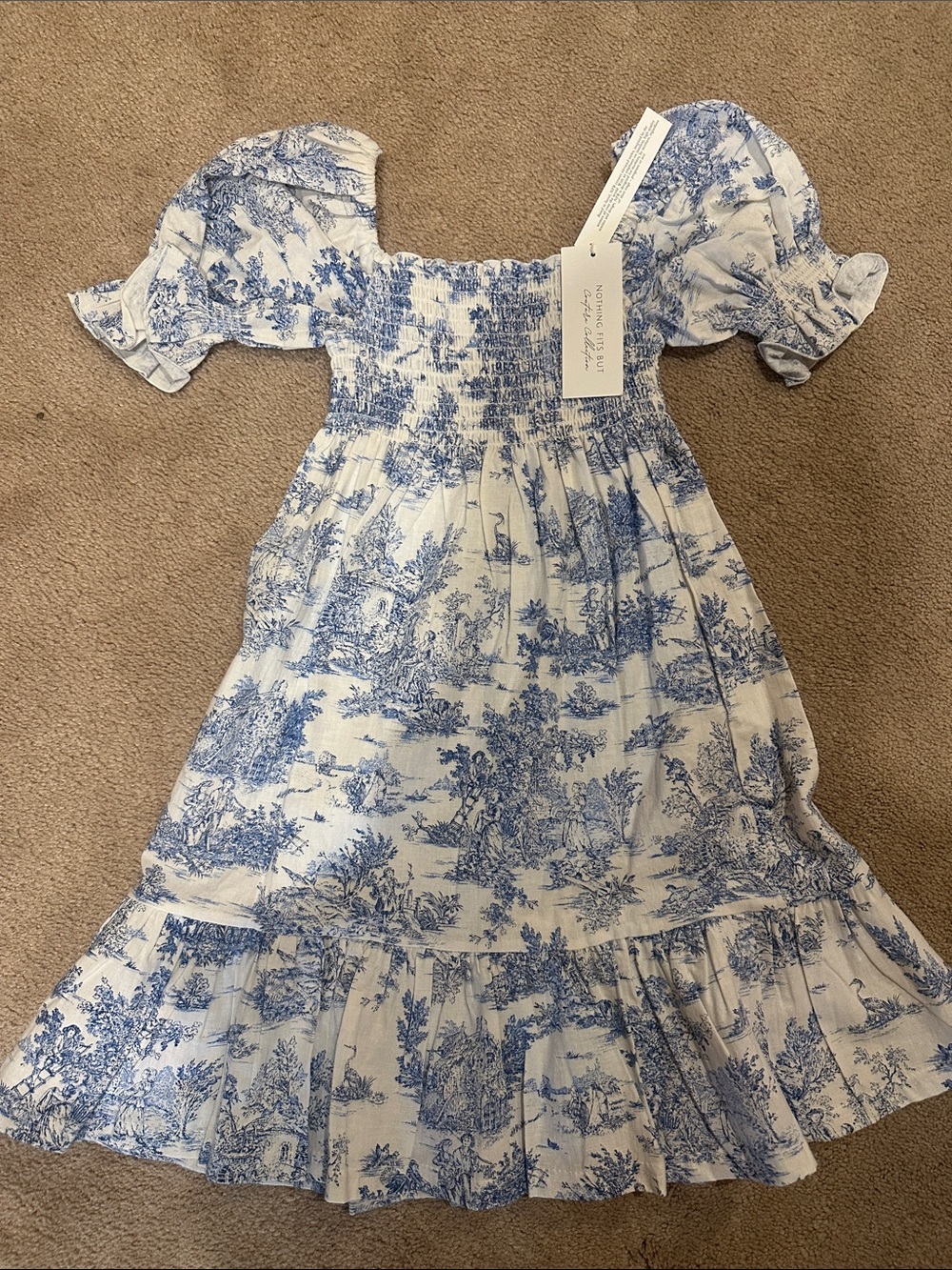 Smocked Blue Toile Puff-Sleeve Girls Dress by LoveShackFancy